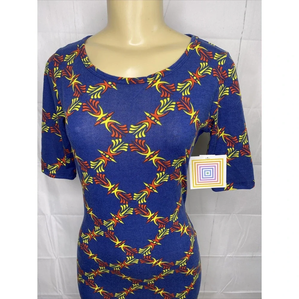 Lularoe Julia‎ Dress Blue Color Print Short Sleeve Boat Neck Midi Women XS NWT
